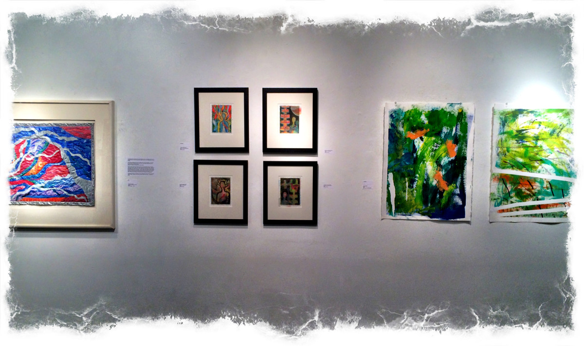 My paintings and mixed media mono-types along side Wyatt's paintings.