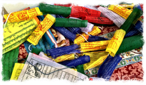Tibetan prayer flags ready to be hung in the gallery.