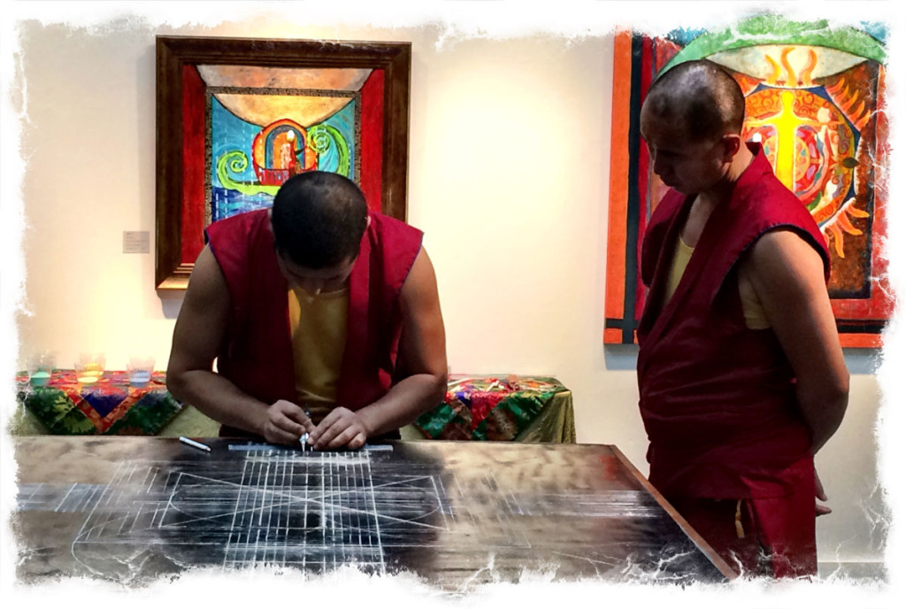 Drawn from memory, the creation of the mandala outline takes most of the day.