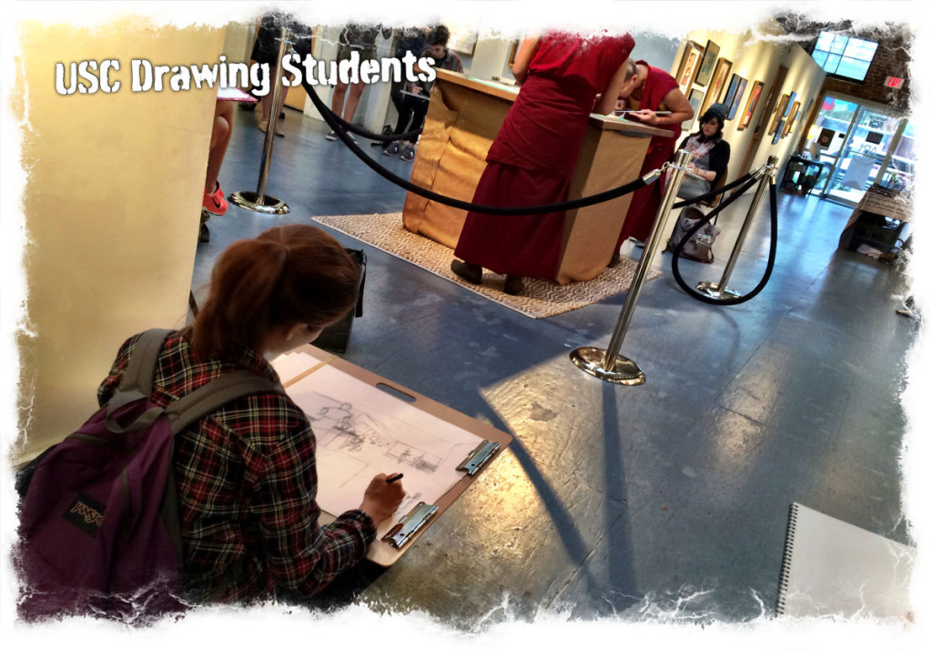 A group of drawing students from The University of South Carolina spend an afternoon sketching the Monks