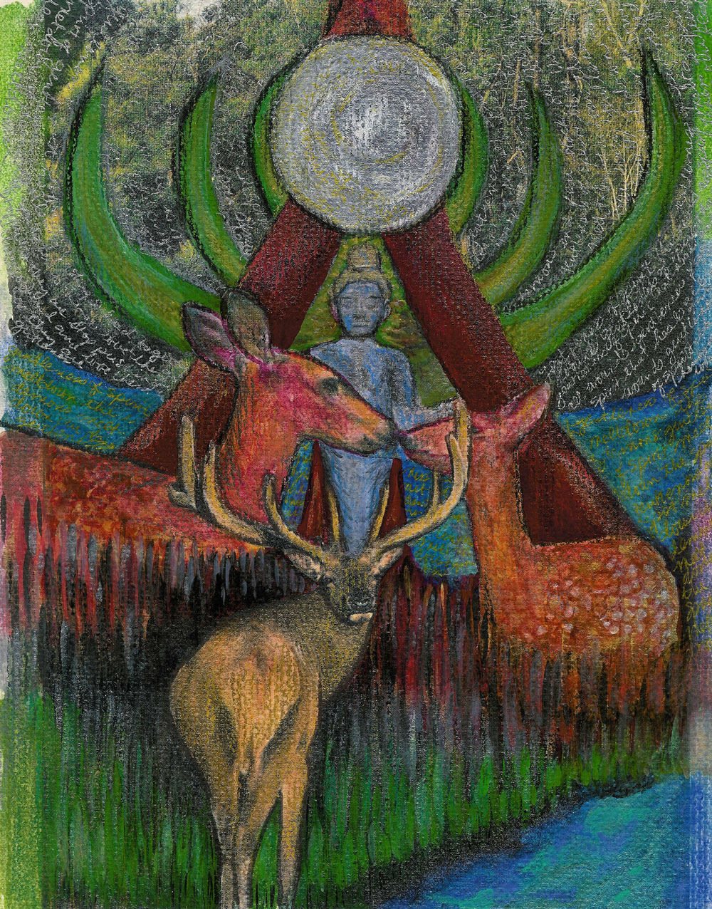 Painting of figure with crescent moon, antler shapes, and deer