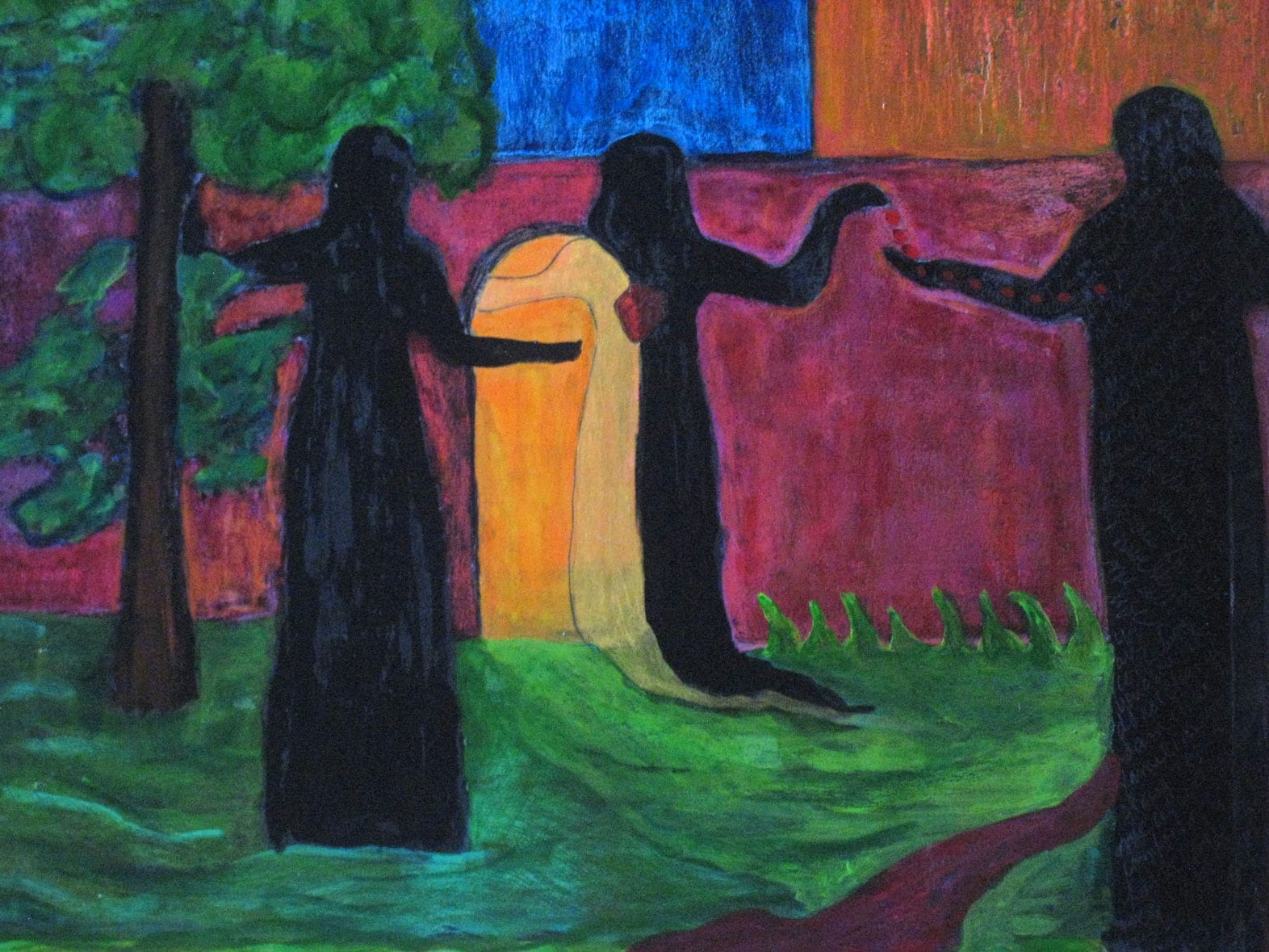 Dream-inspired painting with figures and abstract background