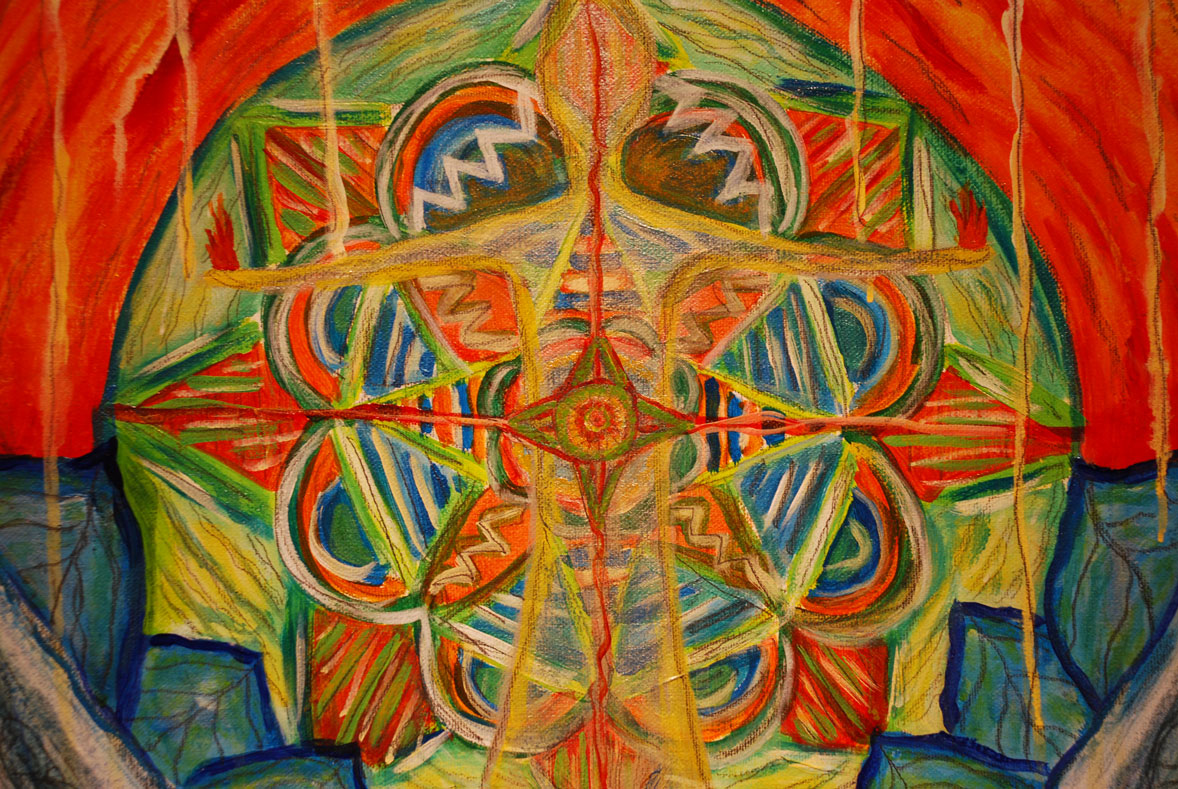 Abstract mixed media painting with radiating colors and energy