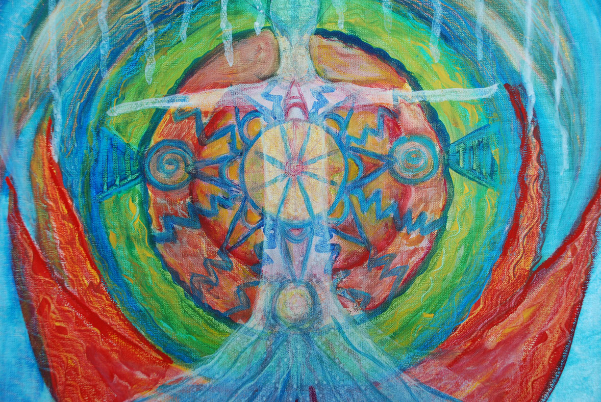 Abstract painting with central figure and swirling colors