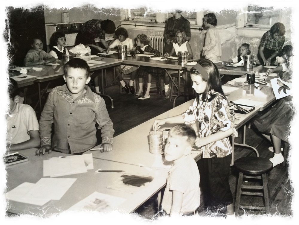 Children in an art studio or classroom setting